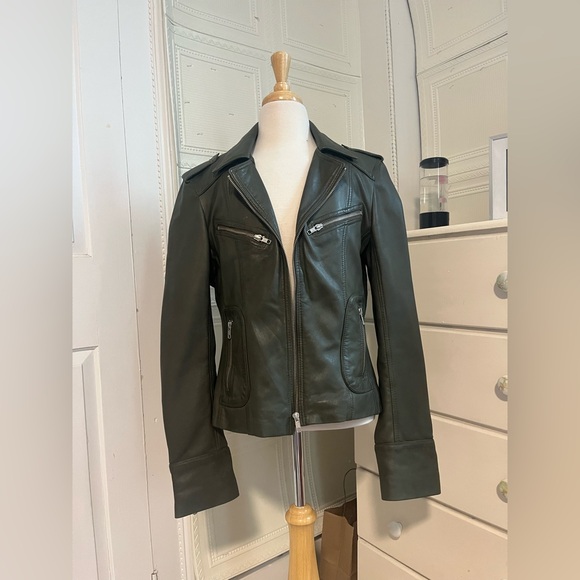 Vintage Forest Green Genuine Leather Moto Jacket Carrie Horton Size 14 - Picture 7 of 15